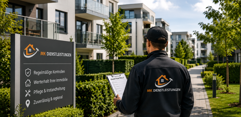 Mitarbeiter von MK Dienstleistungen bei der Objektbetreuung einer modernen Wohnanlage in Oberfranken